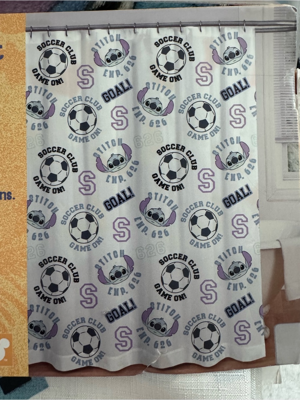 Disney Stitch Soccer Club Shower Curtain in White, Purple, and Black